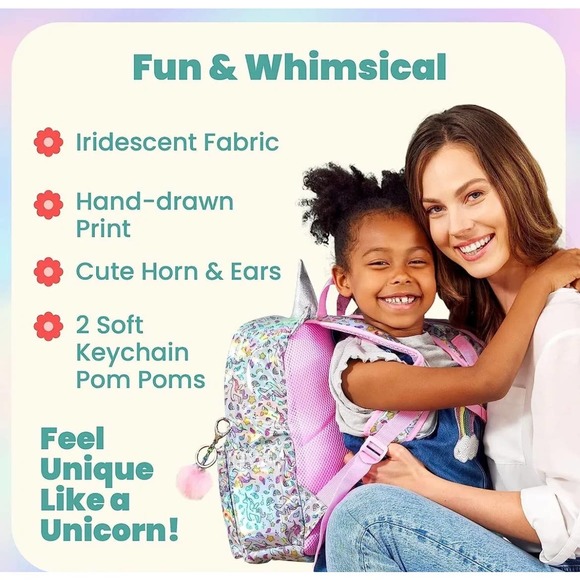 Ombu Girl's Unicorn Rainbow Stars Backpack Iridescent Fabric - Picture 7 of 8